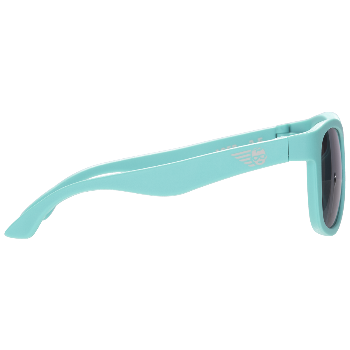 Turquoise sunglasses with a brand logo on a white background