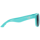 Turquoise sunglasses with a brand logo on a white background