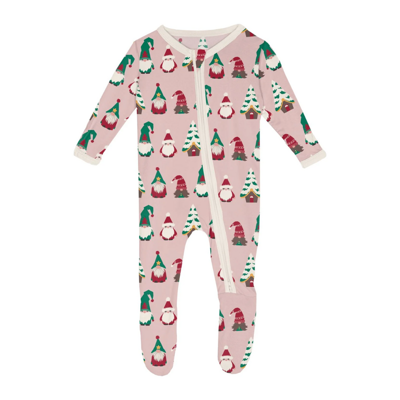 Print Footie with 2 Way Zipper - Baby Rose Gnomes by Kickee Pants