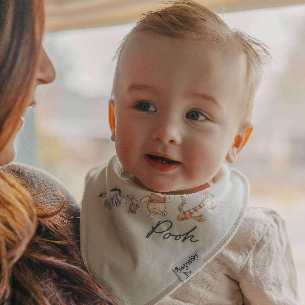 Baby wearing a bib with 'Pooh' branding, held by a person.
