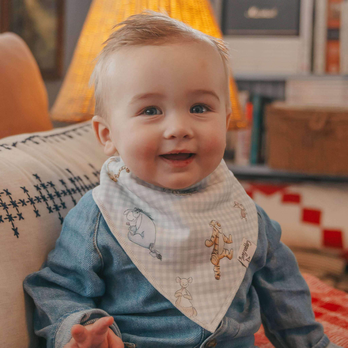 Baby wearing a bib with animal prints in a cozy living room.