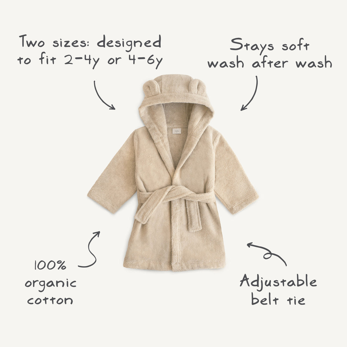Beige children's robe with features highlighted on a white background