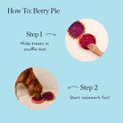 Instructional graphic titled 'How To: Berry Pie' showing a dog and a hand using a red and purple snuffle mat on a light blue background with step-by-step text.