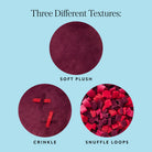 Three circular texture samples on a light blue background under the heading 'Three Different Textures:'. The top sample reads 'SOFT PLUSH,' the bottom left reads 'CRINKLE,' and the bottom right reads 'SNUFFLE LOOPS.
