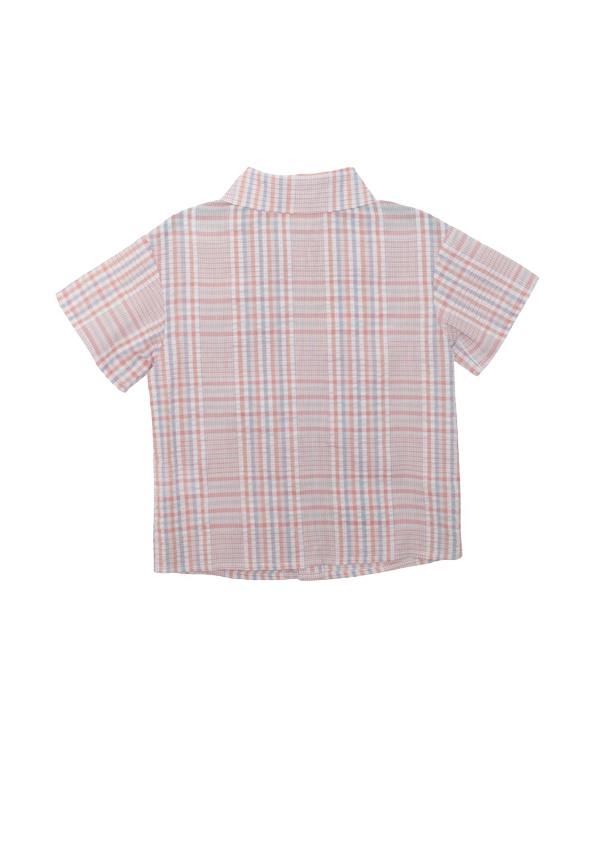 Back view of a plaid shirt on a white background