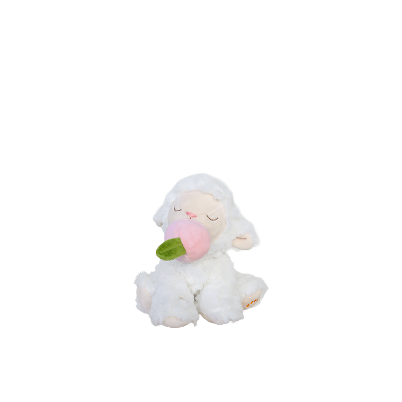 White plush toy sheep with a pink flower on a white background