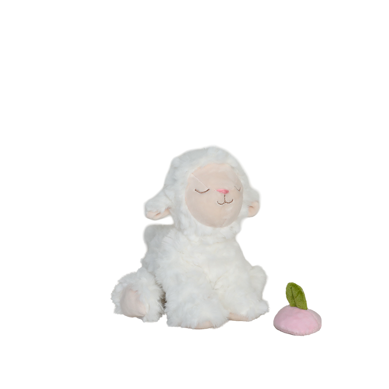 White plush lamb toy with a pink nose on a white background