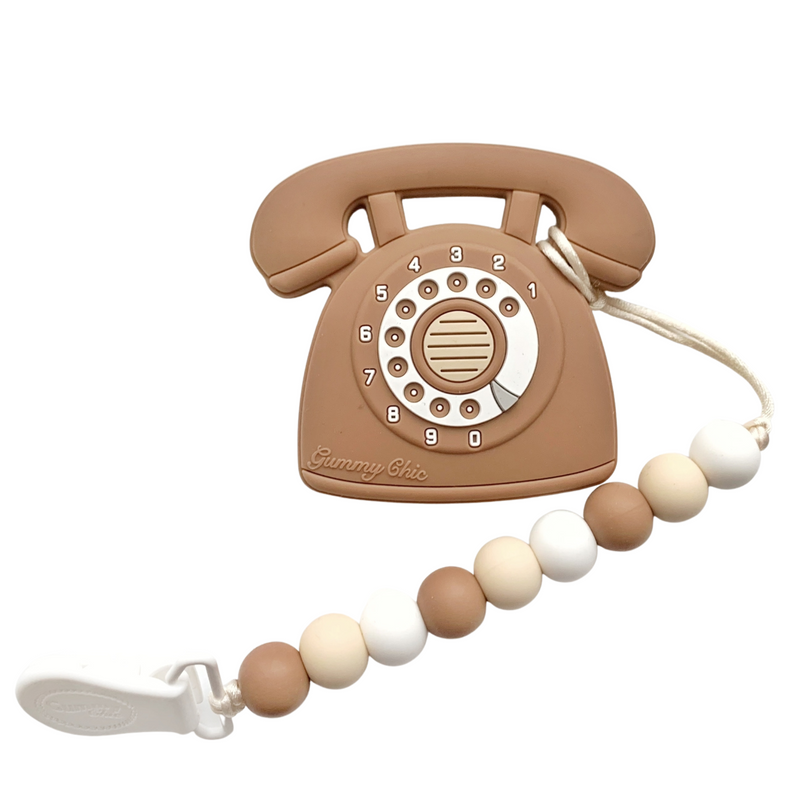 Rotary Dial Phone Teether with Clip - Camel by Gummy Chic