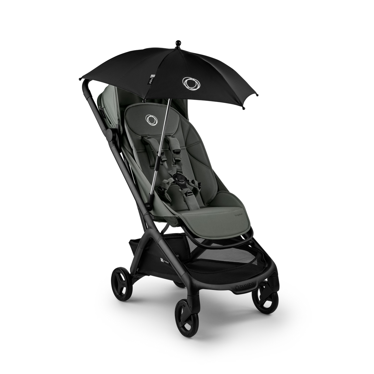 Gray stroller with a black umbrella on a white background