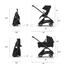 Black stroller in various positions on a white background