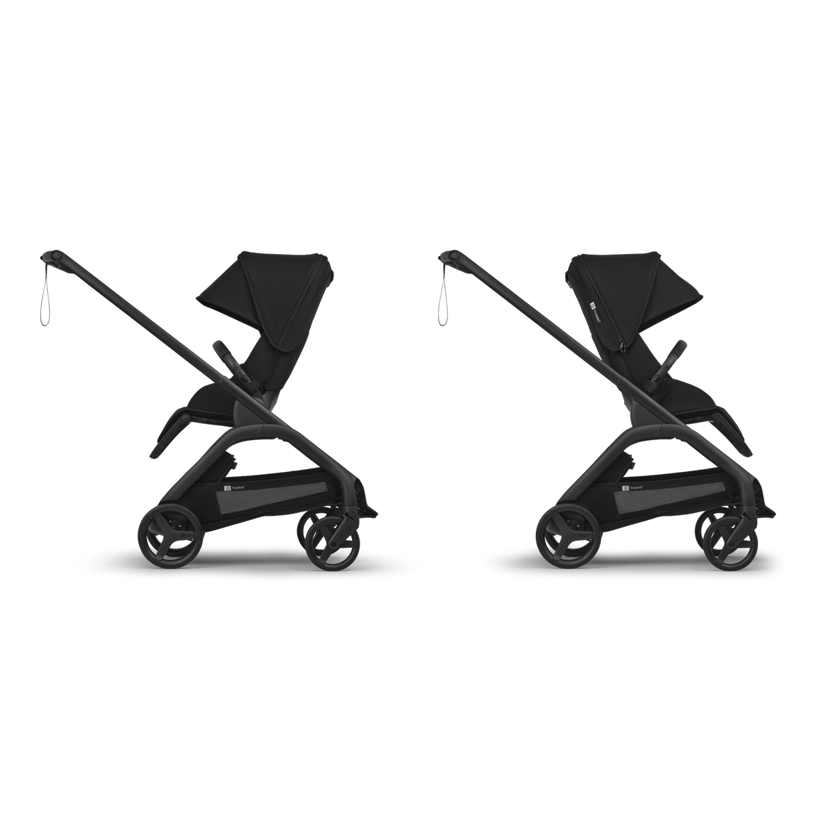 Two black baby strollers on a white background