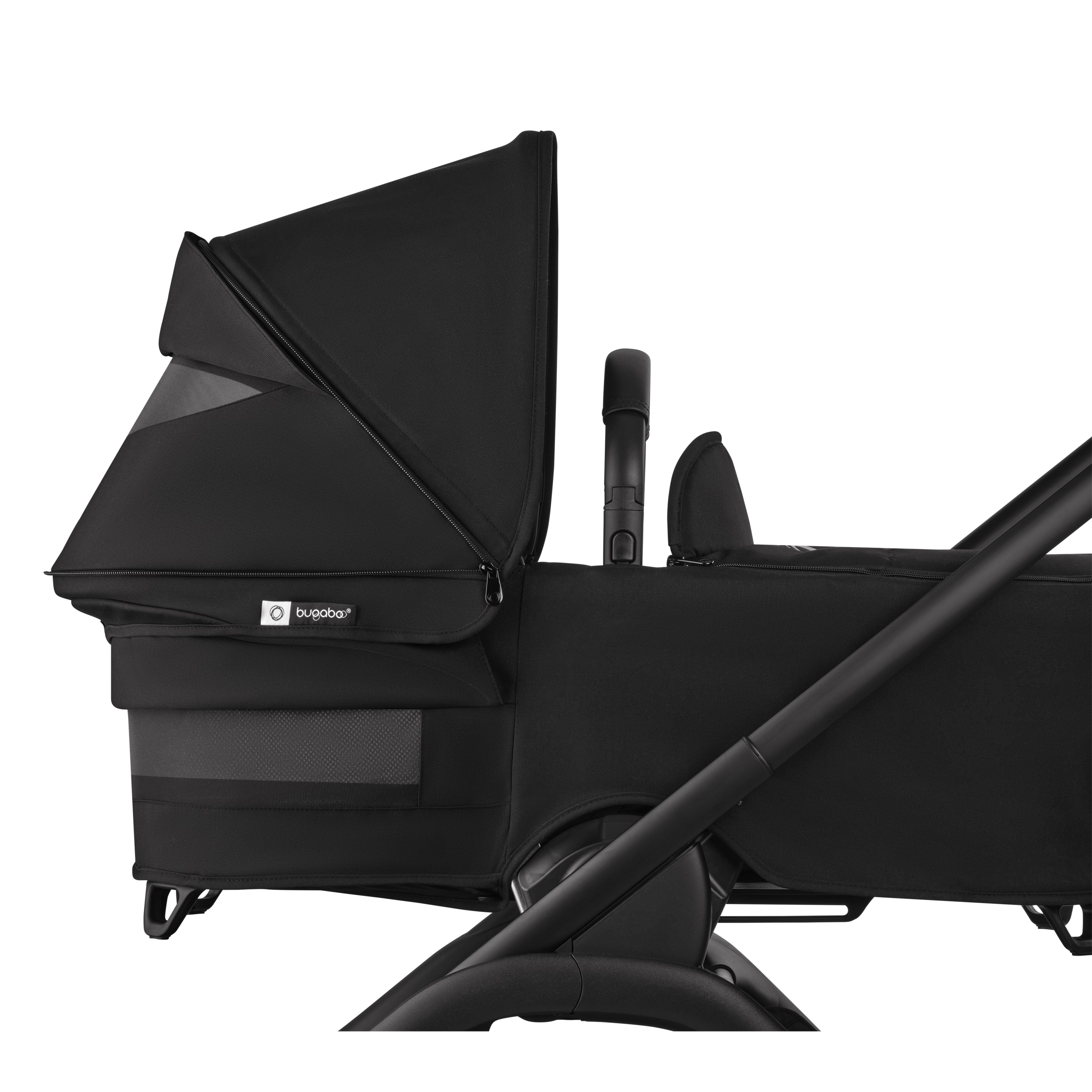 Black baby stroller with canopy on a white background