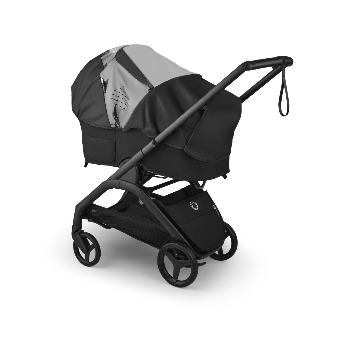A black and gray stroller with a matching bassinet cover, shown at a three-quarter angle on a clean white background.