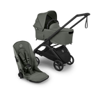 Green baby stroller and seat on a white background