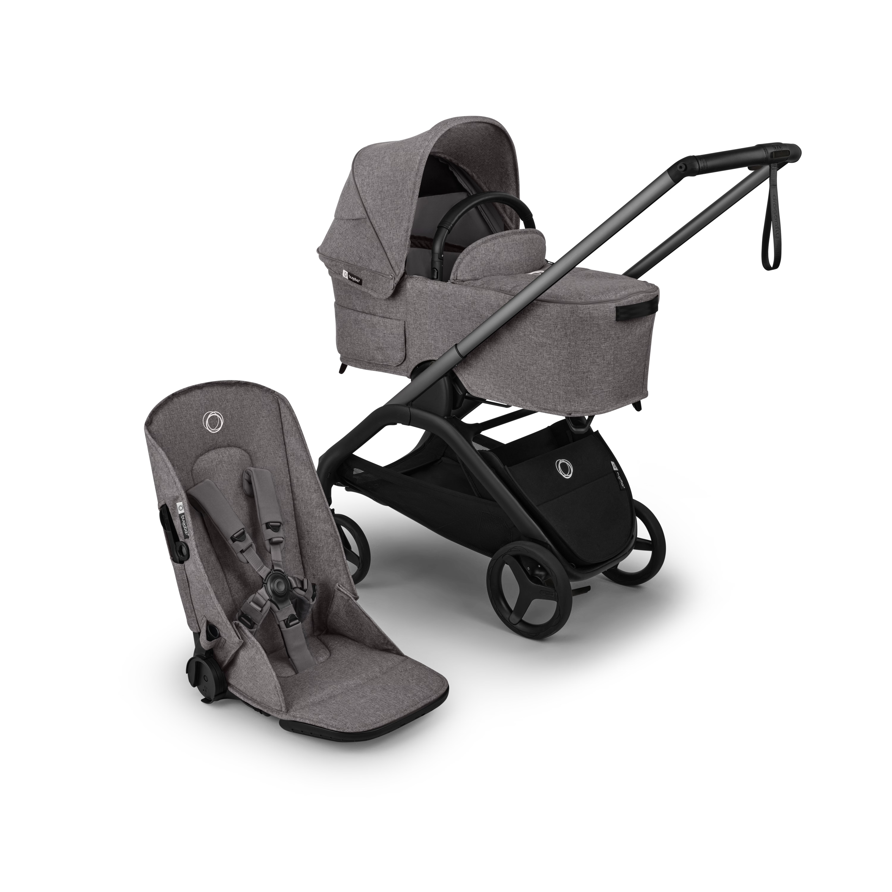 Gray baby stroller and car seat on a white background