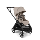 Beige baby stroller with black frame on a white background