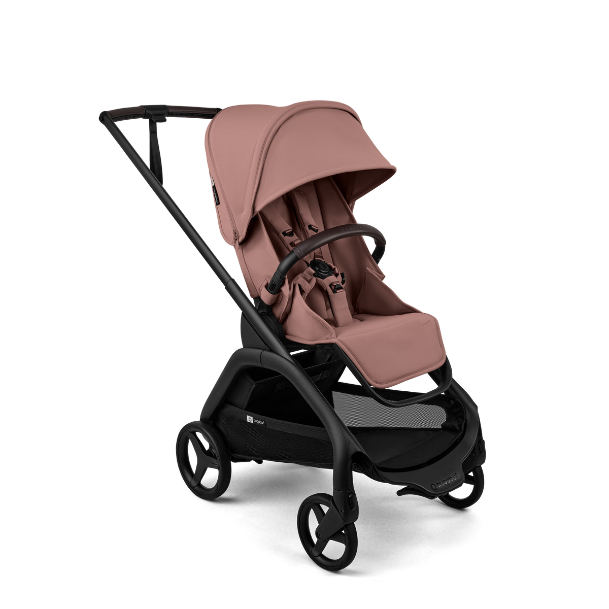 Beige baby stroller with black frame on a white background