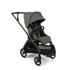 A stroller in an olive green fabric with a black frame and wheels, shown from a three-quarters angle on a clean white background.