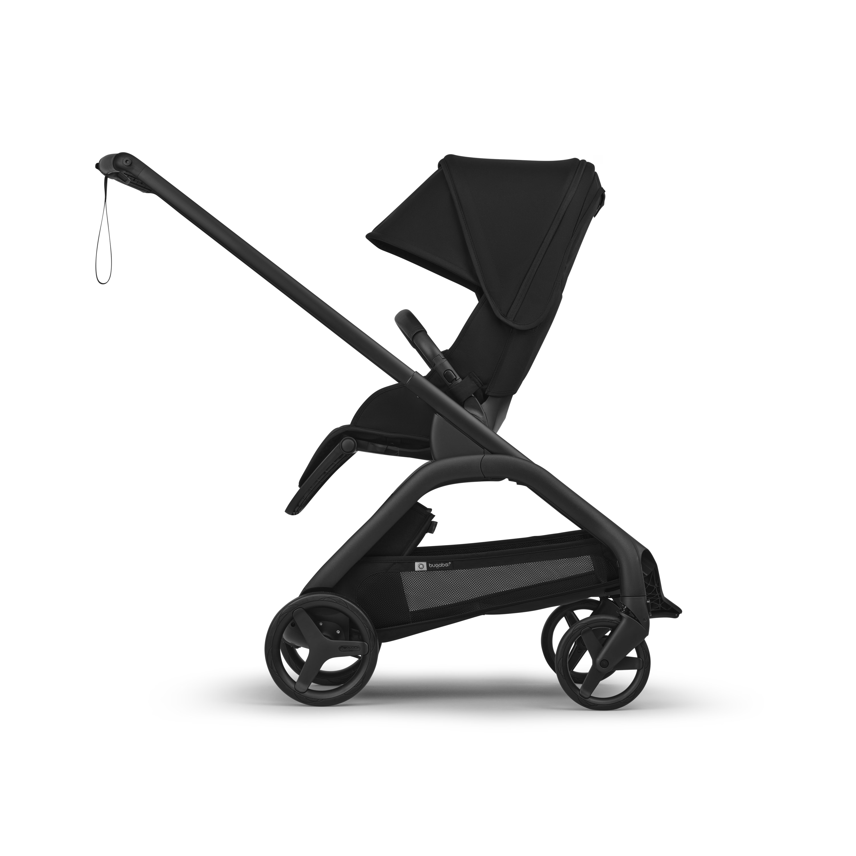A black stroller shown in a side profile view against a clean white background. The stroller features a high-terrain style seat, a large adjustable canopy, a sleek frame, and three wheels.