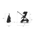 Black stroller and infant car seat shown with dimension callouts for folded and unfolded positions on a white background.