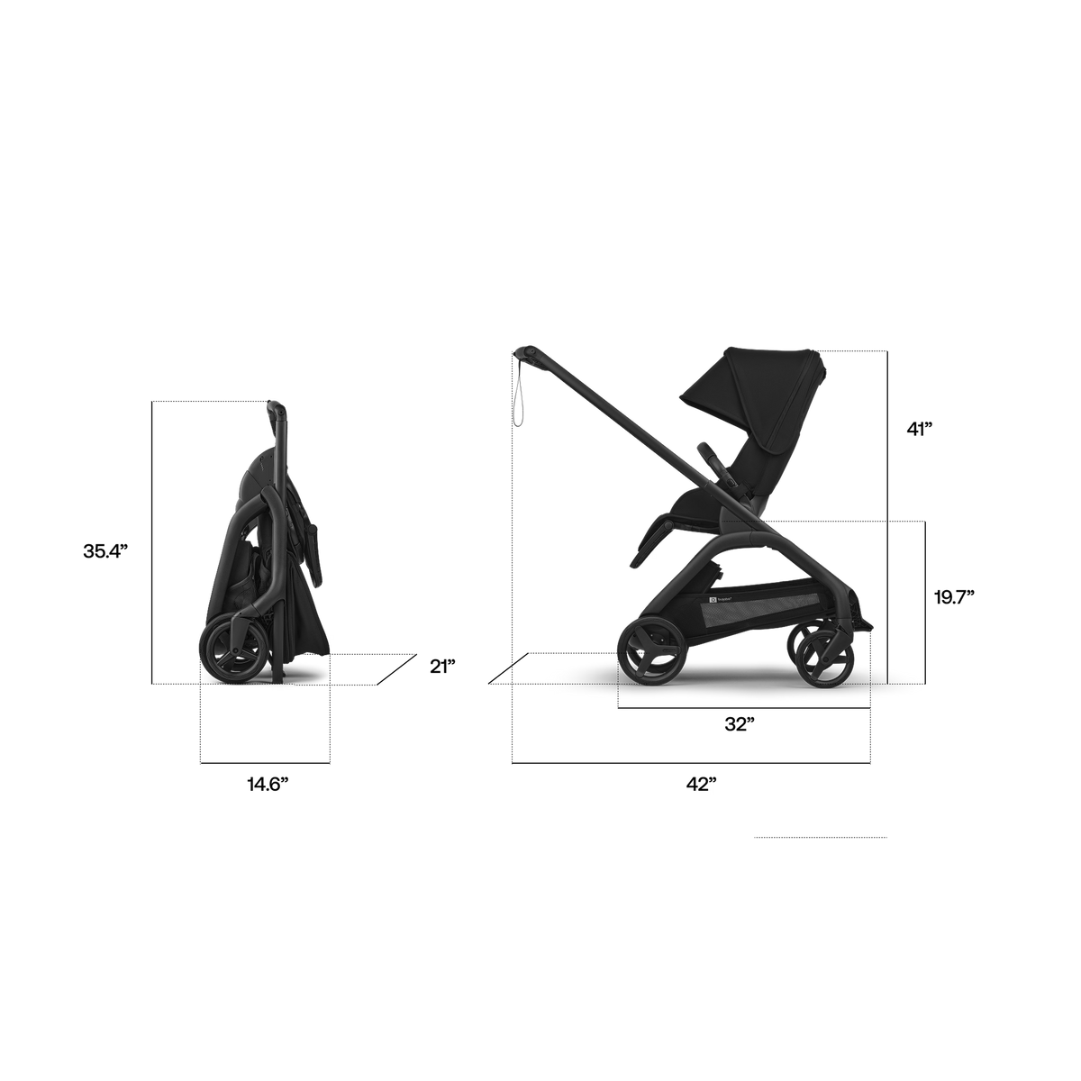 Black stroller and infant car seat shown with dimension callouts for folded and unfolded positions on a white background.