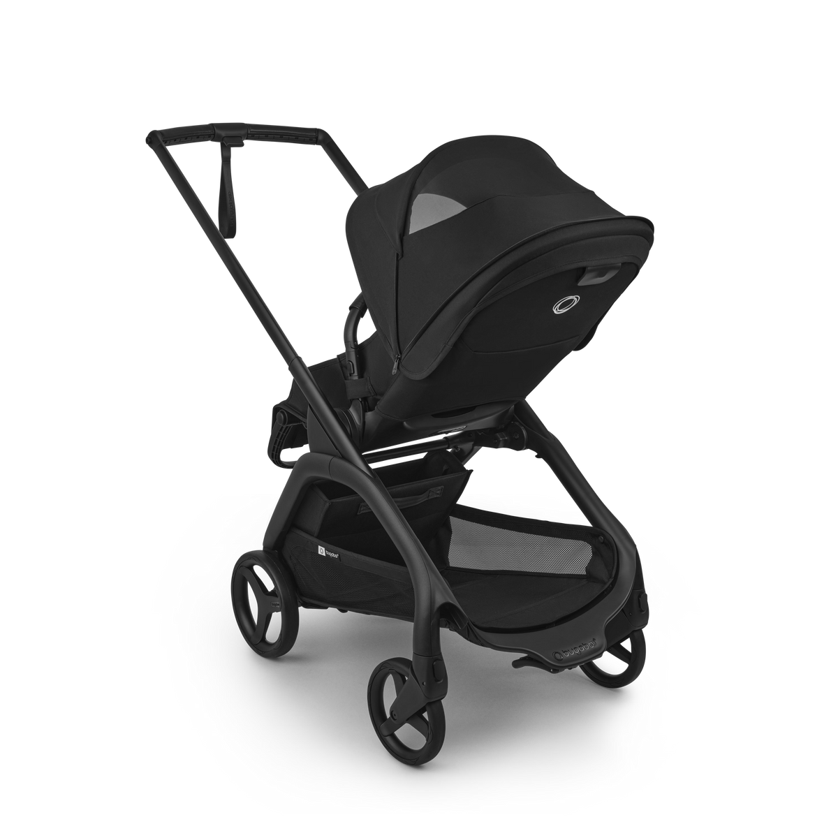 A black stroller and bassinet travel system on a clean white background. The system includes a black stroller with a matching canopy, a black bassinet seat insert, and a black frame with four wheels.