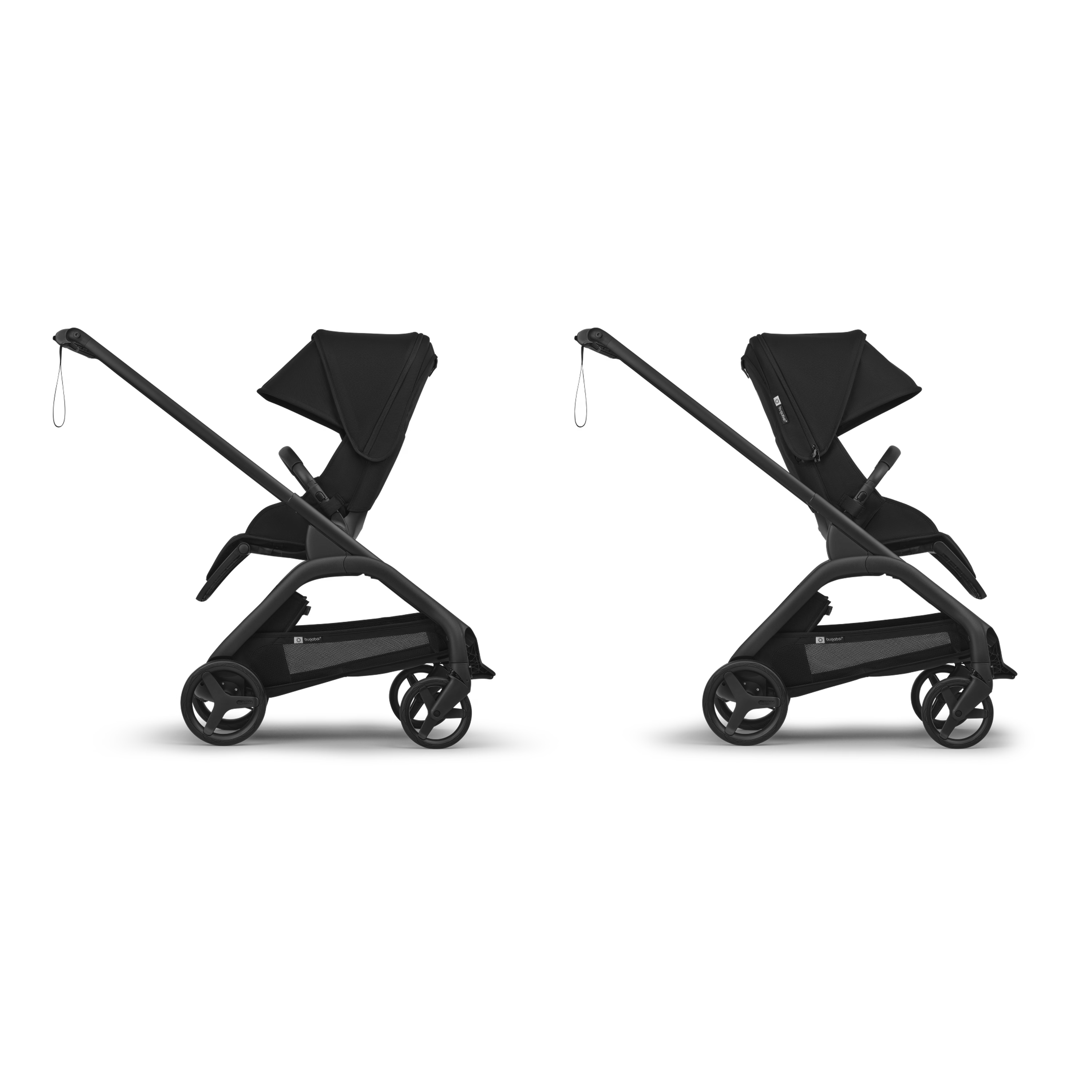 Two black baby strollers on a white background