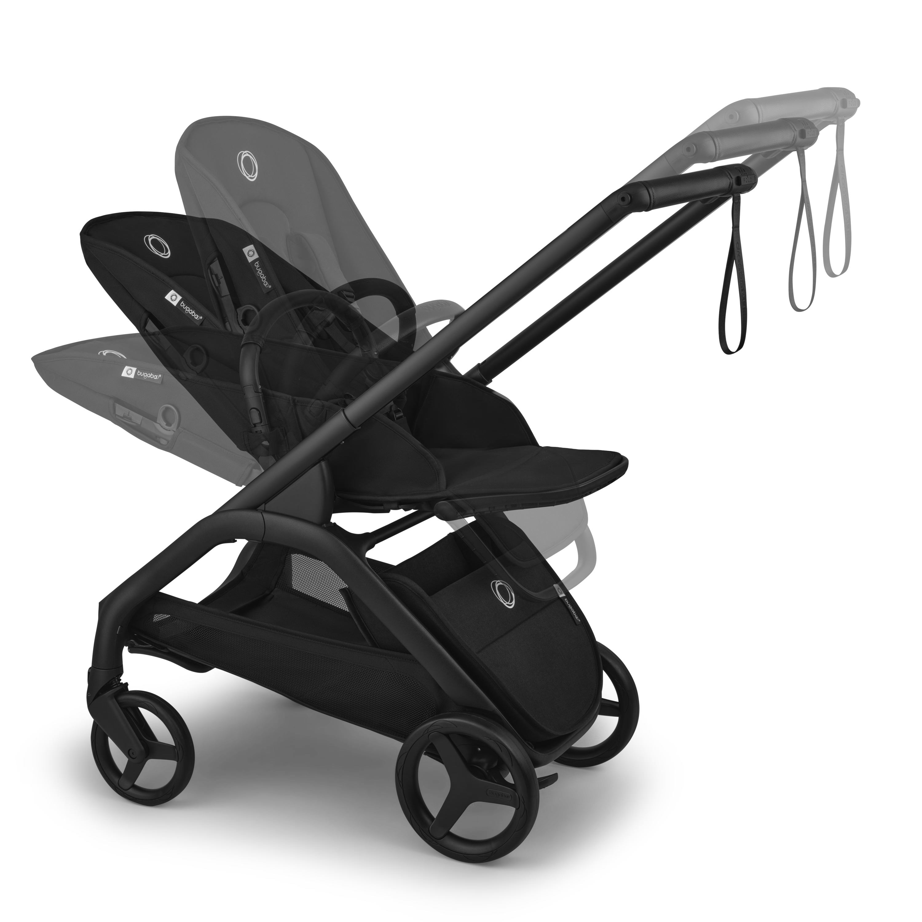 Black stroller with extended canopy on a transparent background