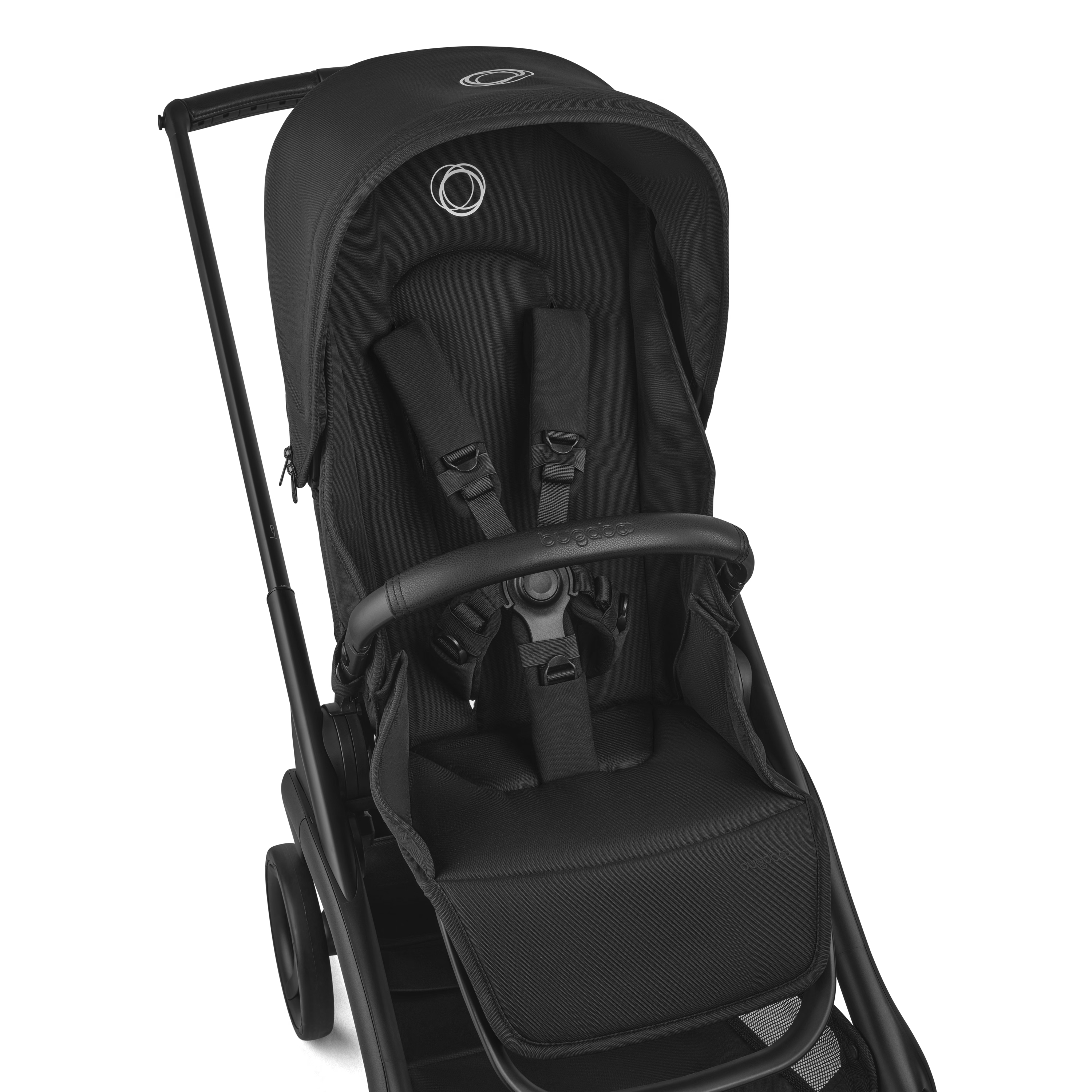 A black stroller and bassinet travel system on a clean white background.