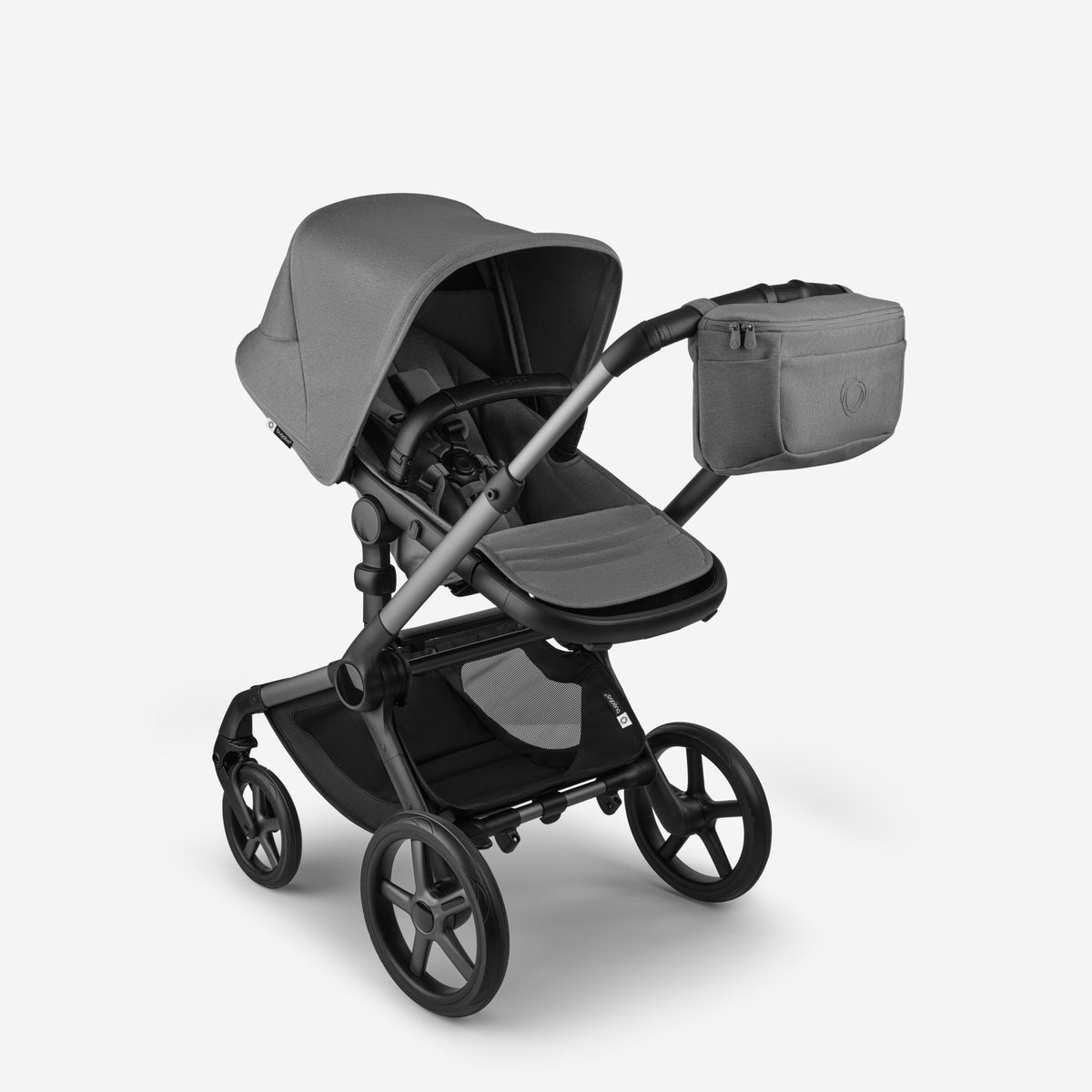 Gray stroller with matching bag on a white background