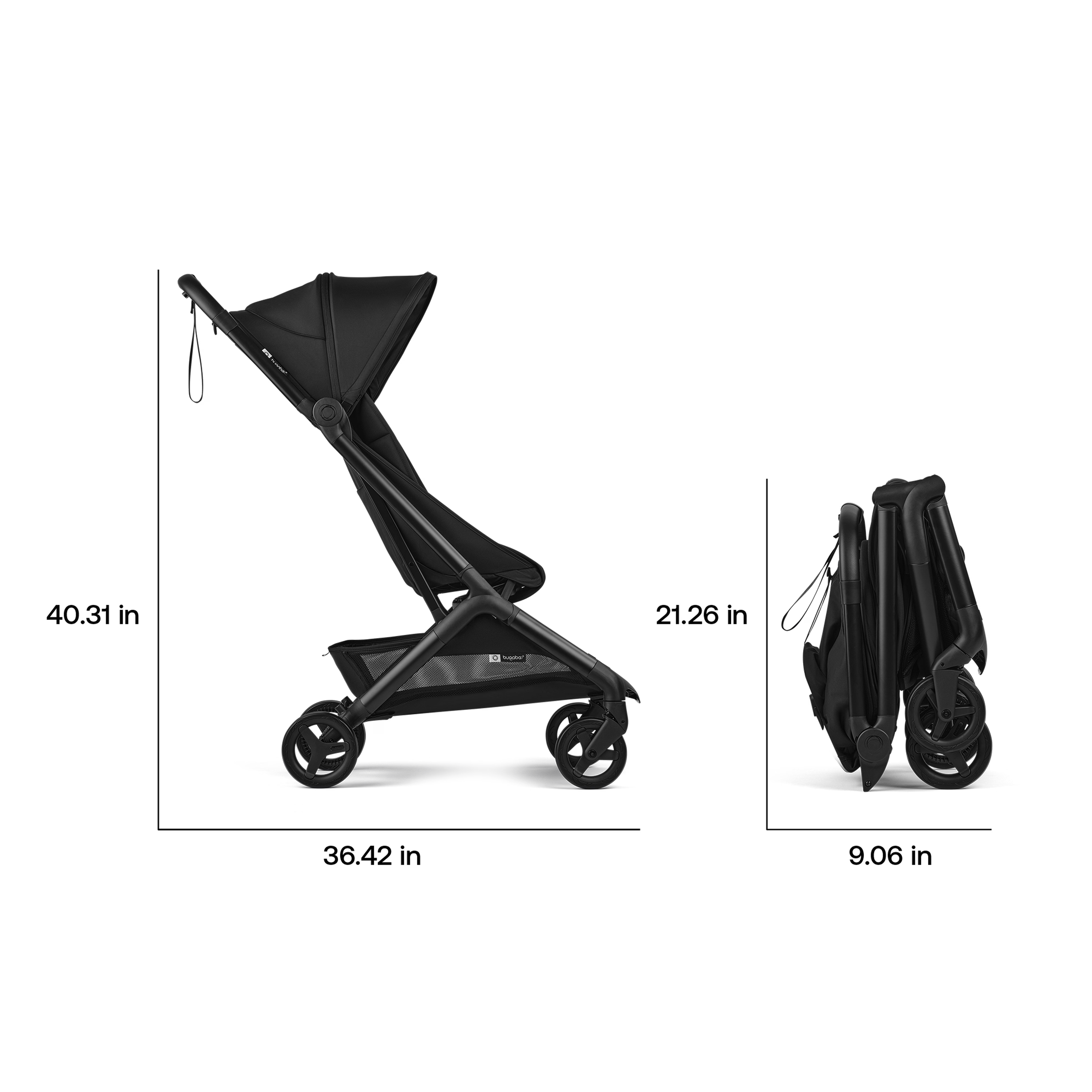 Black stroller in two configurations on a white background
