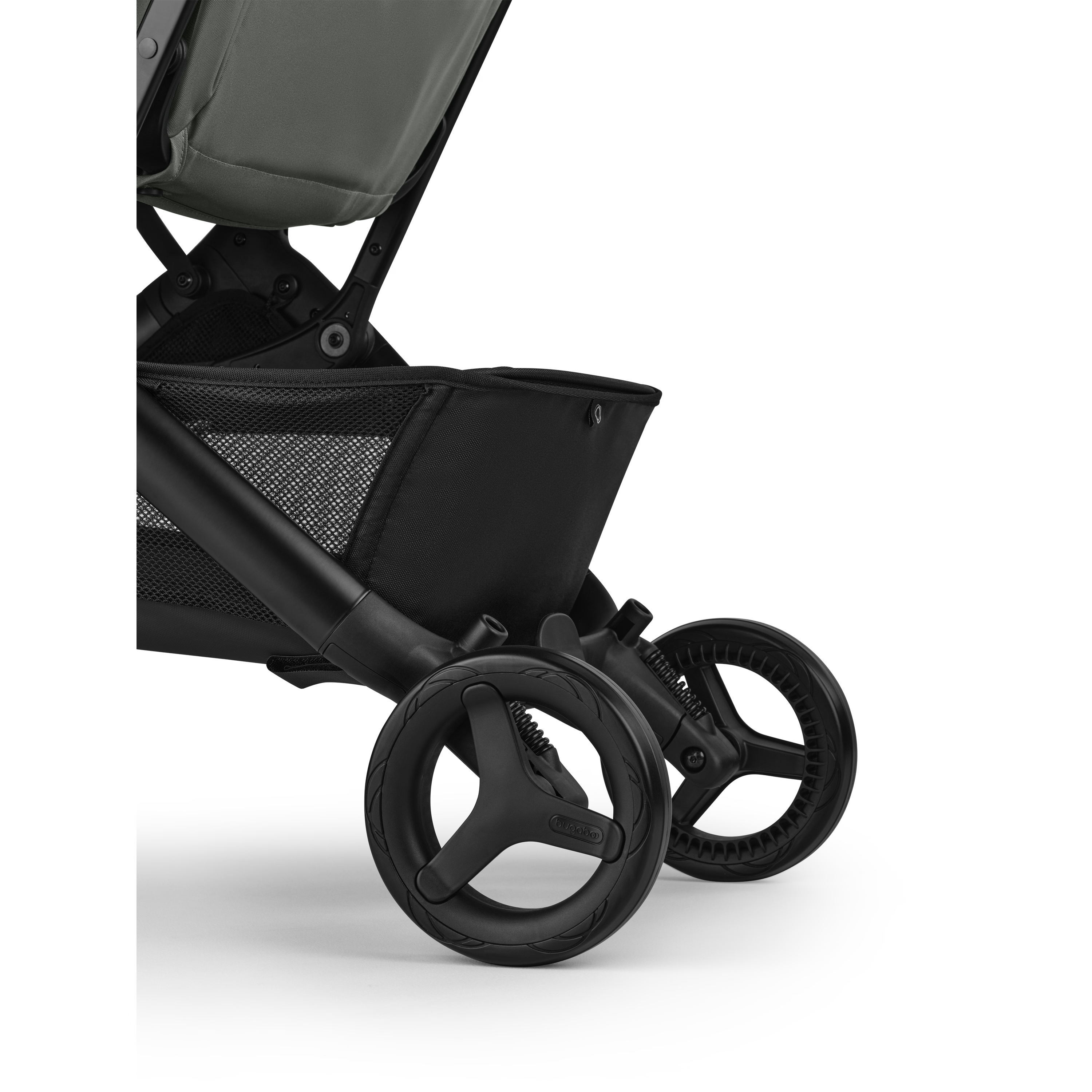 Close-up of a black stroller with wheels on a white background