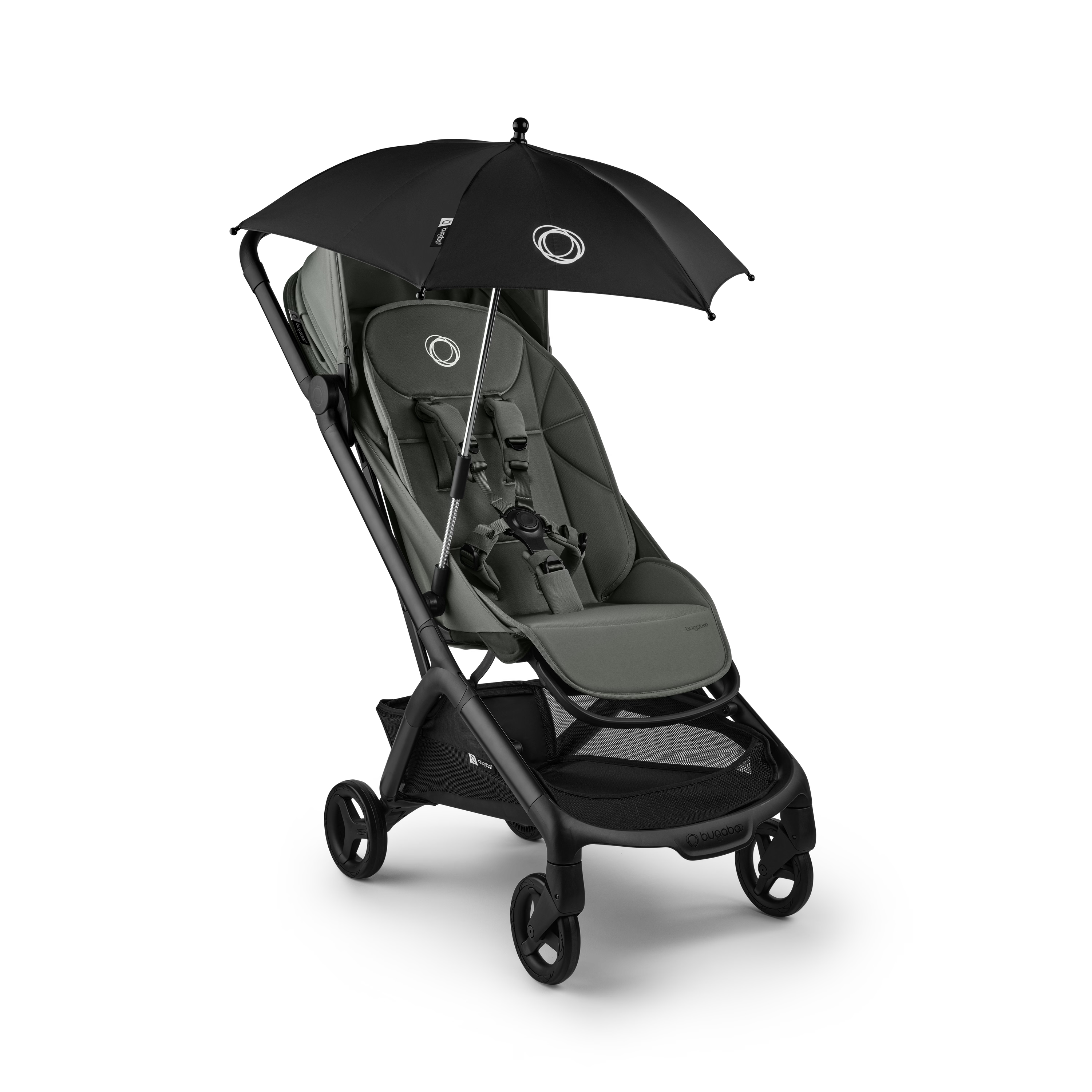 A stroller with a black canopy umbrella attached, shown on a clean white background. The stroller features a dark gray and black frame with a gray seat cushion, and the umbrella is black with a small white circular logo.