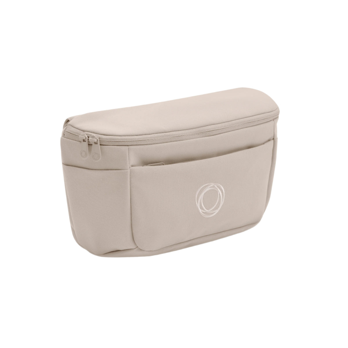A light beige waist bag with a zippered top and a front pocket featuring a circular logo, shown on a plain white background.