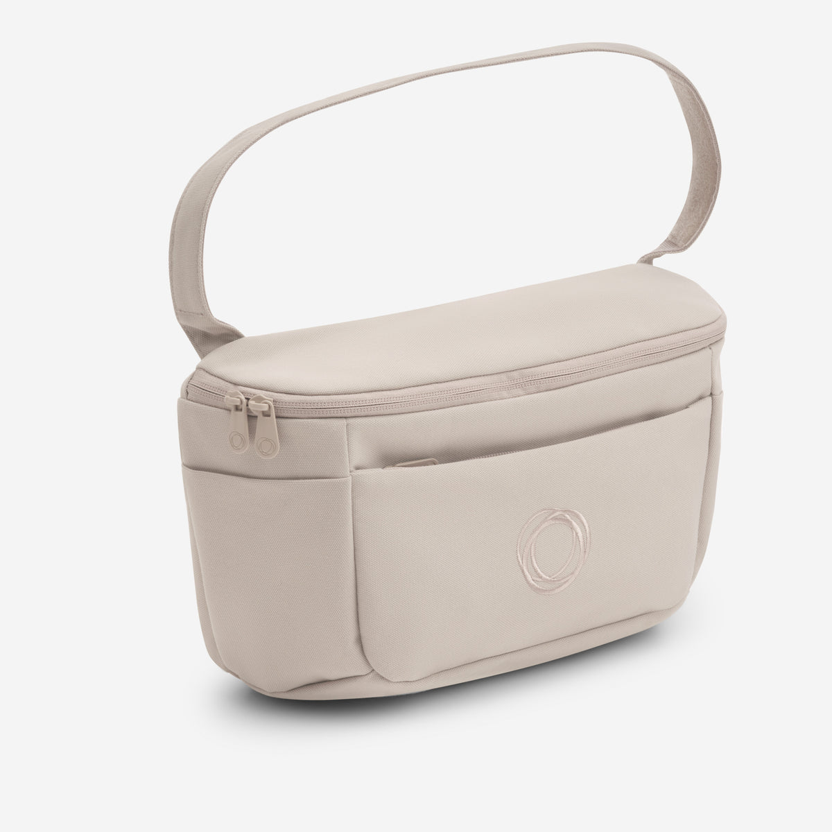 Beige handbag with a visible brand logo on a white background