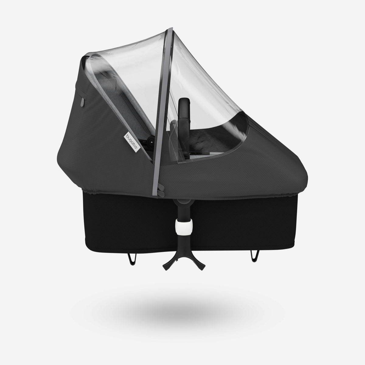 Black baby stroller with transparent canopy on a white background