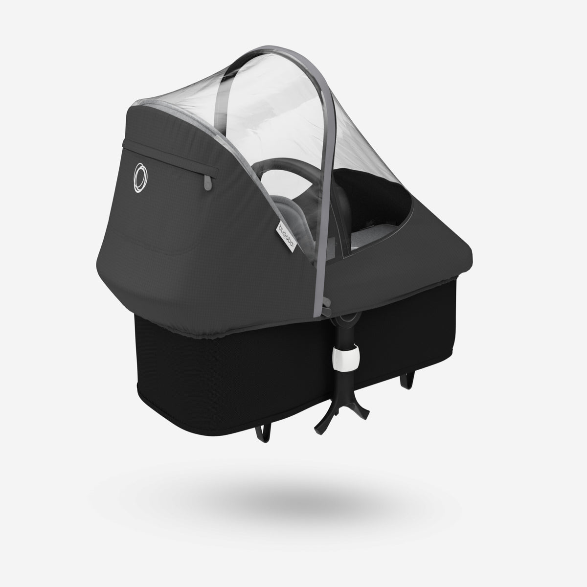 Black baby stroller with canopy on a white background