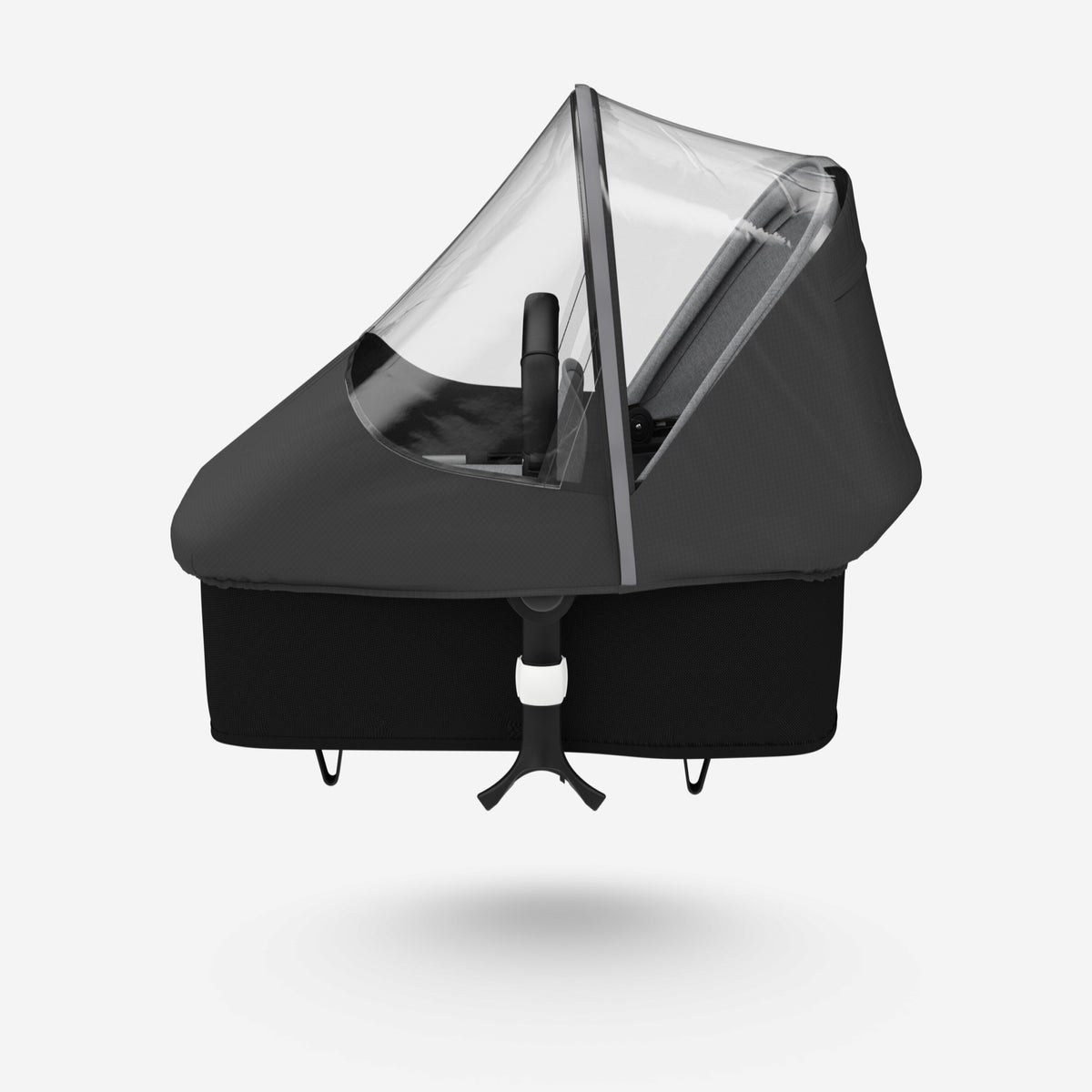 Black baby stroller with transparent canopy on a white background
