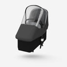 Black baby carrier with clear canopy on a white background