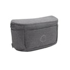 A gray fabric waist bag with a zippered top and a circular stitched logo on the front, shown against a plain white background.