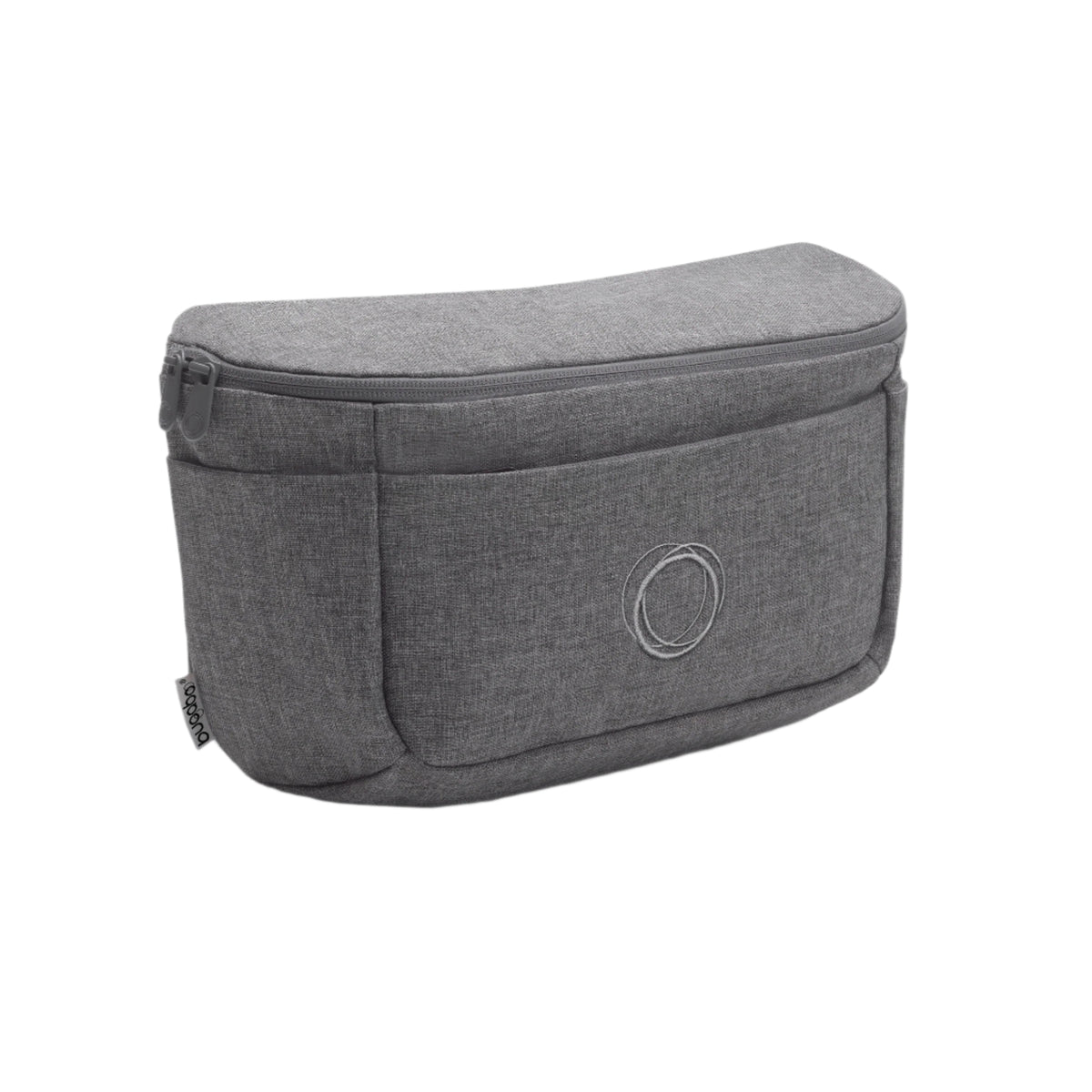 A gray fabric waist bag with a zippered top and a circular stitched logo on the front, shown against a plain white background.