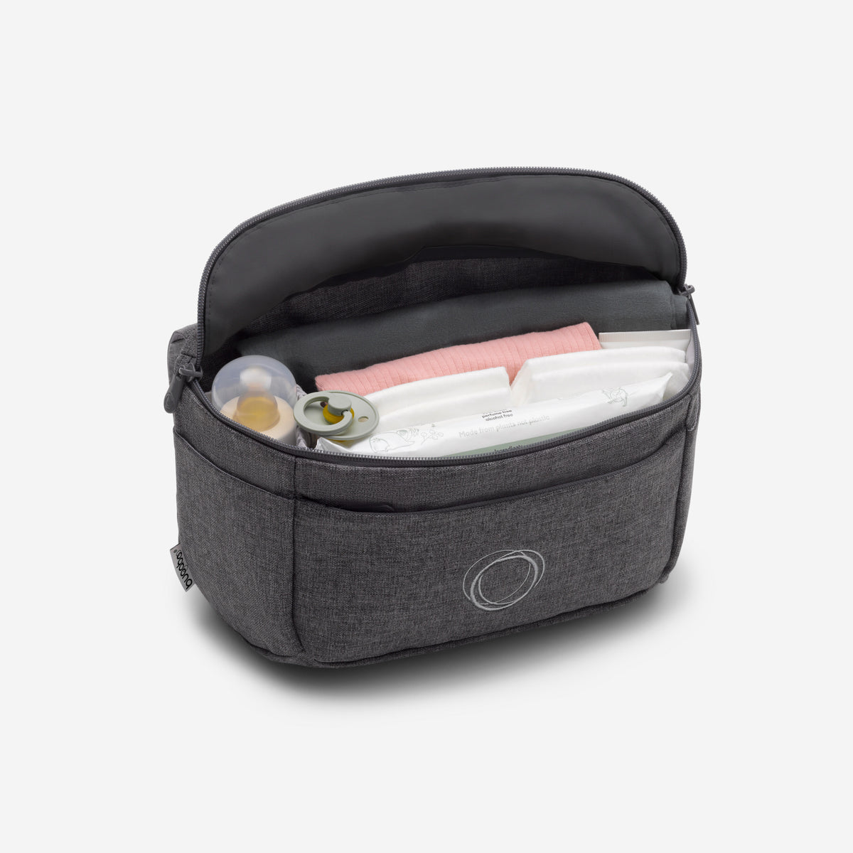 Gray diaper bag with baby items on a white background