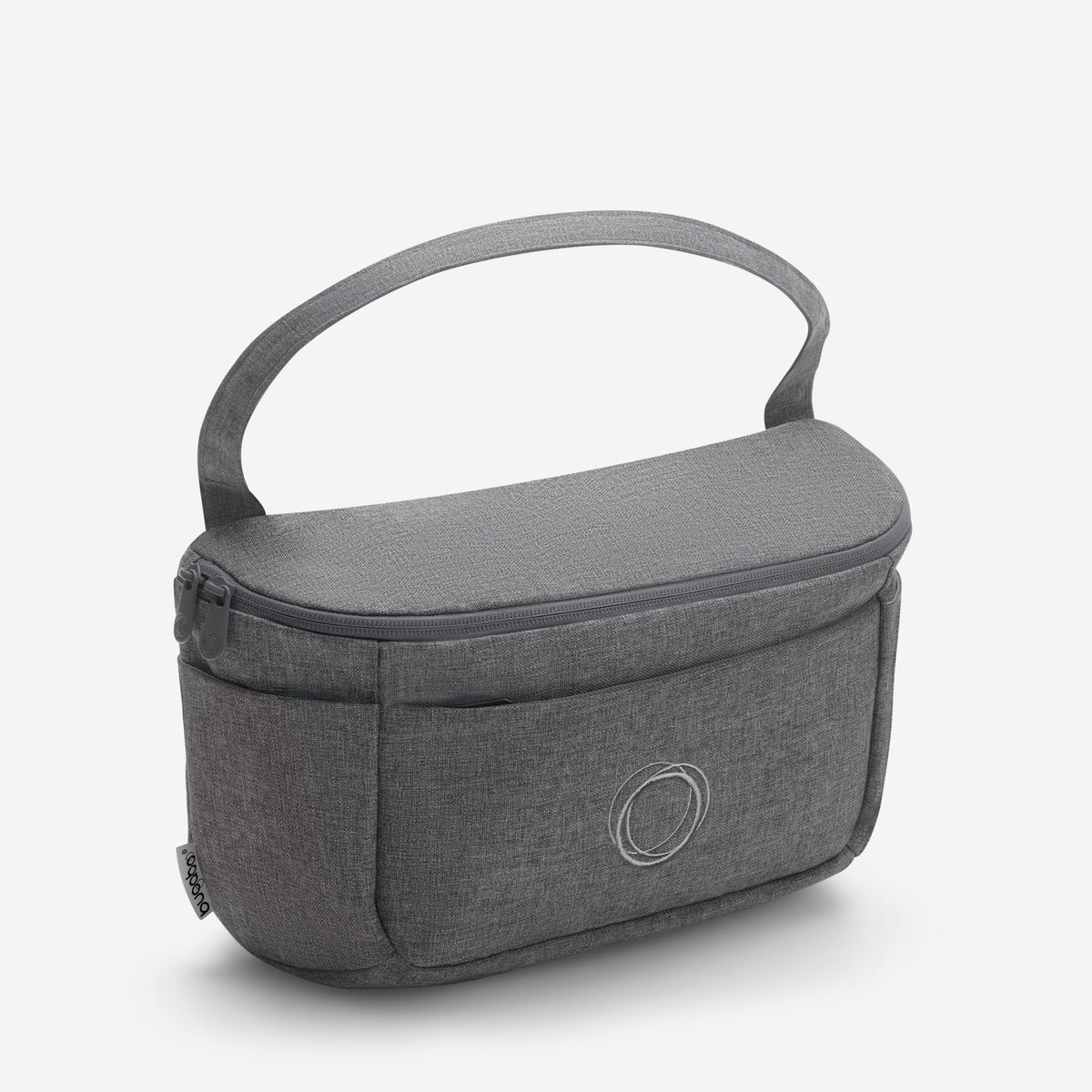 Gray carrying case with handle on a white background