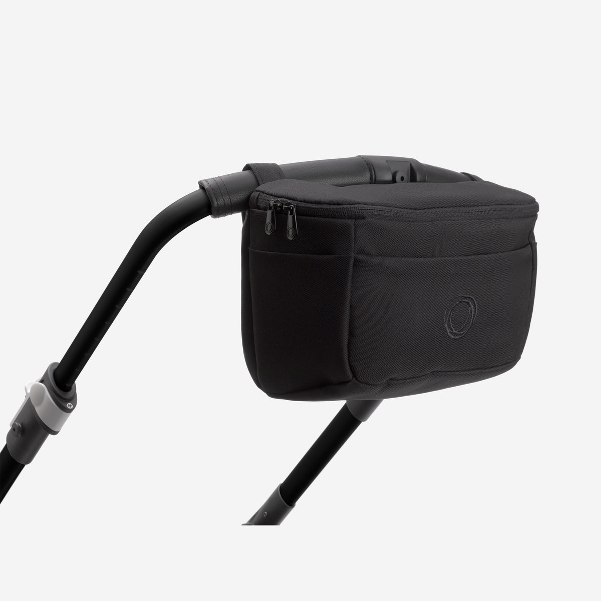 Black stroller accessory on a stroller handle with a white background