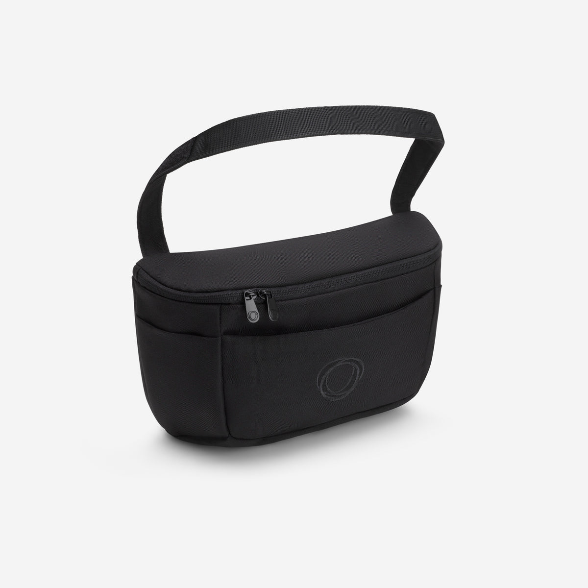 Black stoller organizer with a handle on a white background