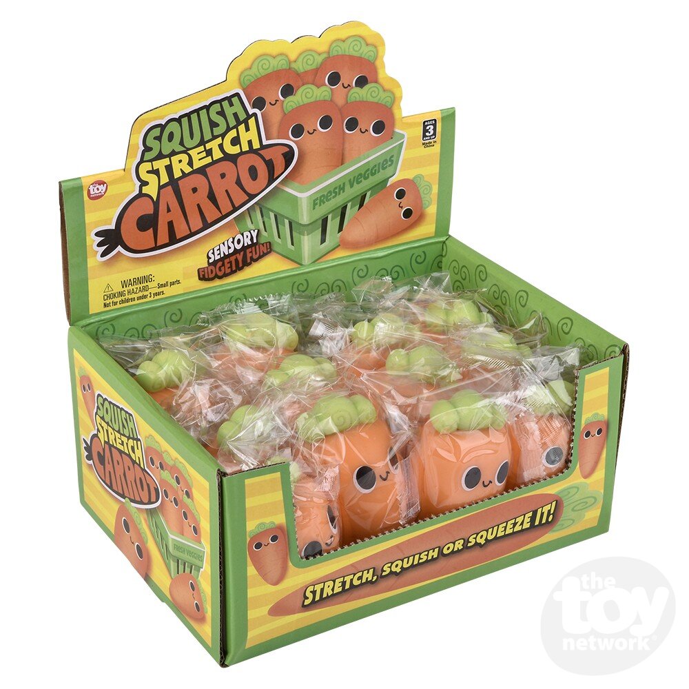 Box of Squish Stretch Carrots sensory toys with packaging design.