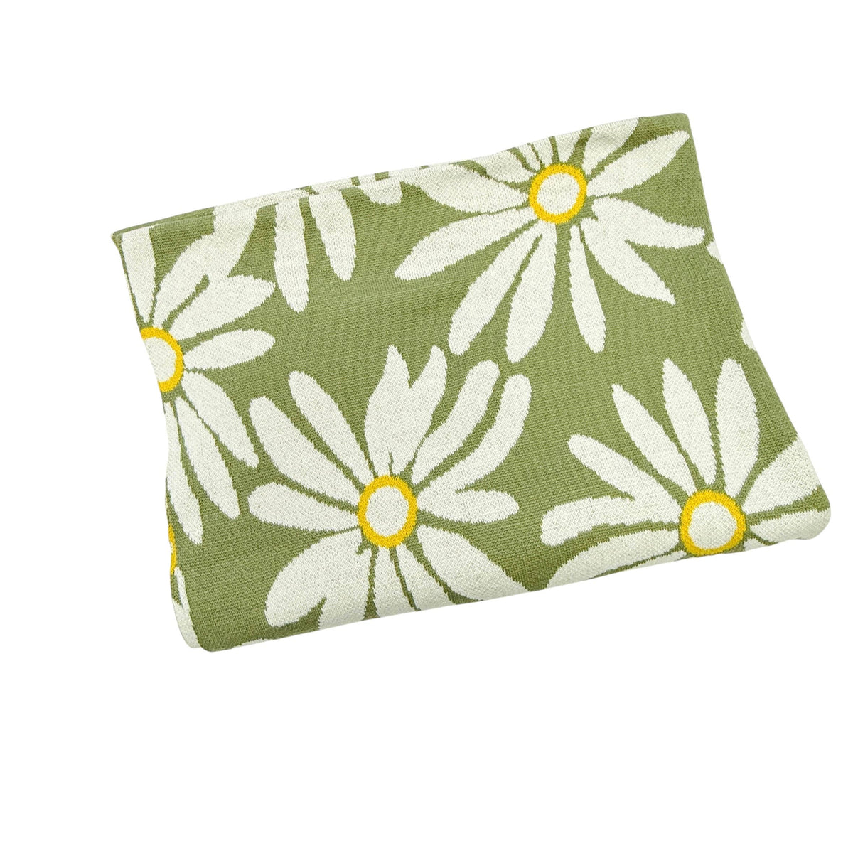 Floral-patterned pouch with white flowers and yellow centers on a green background