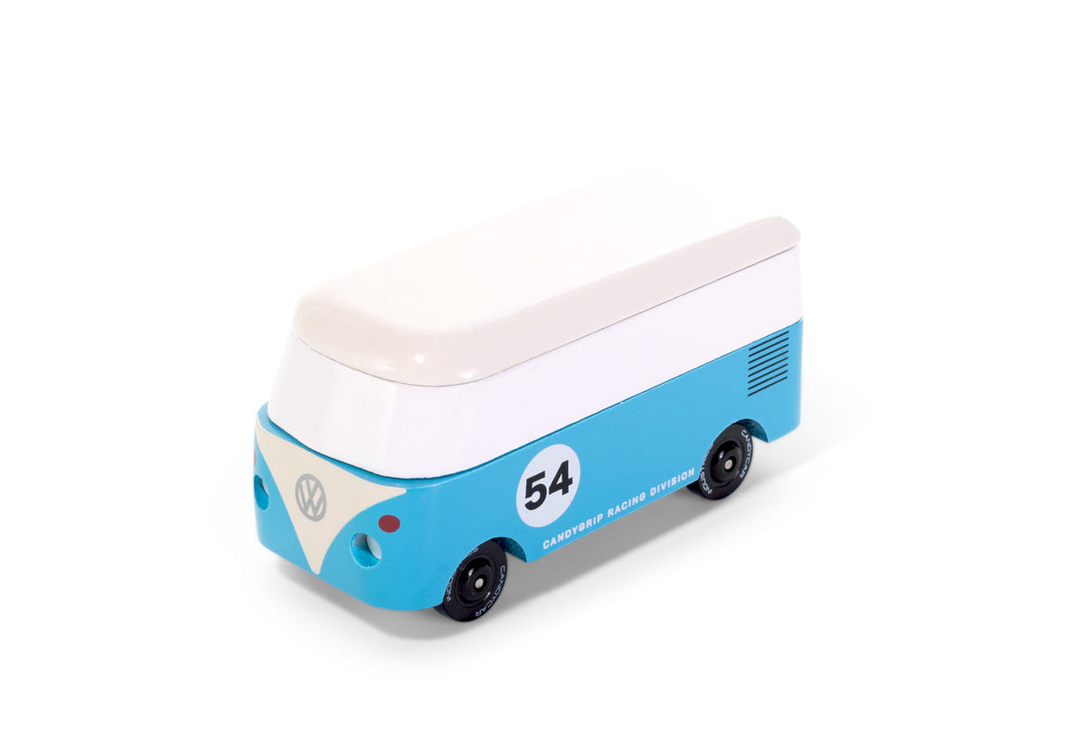 Model of a blue and white bus with '54' on a white background
