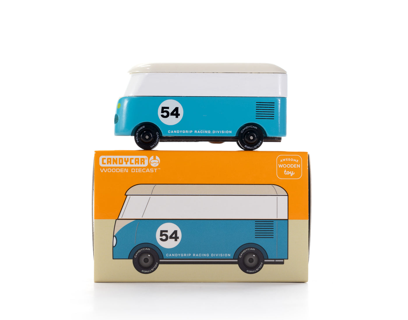 Toy car with number 54 on a CanyCar packaging box