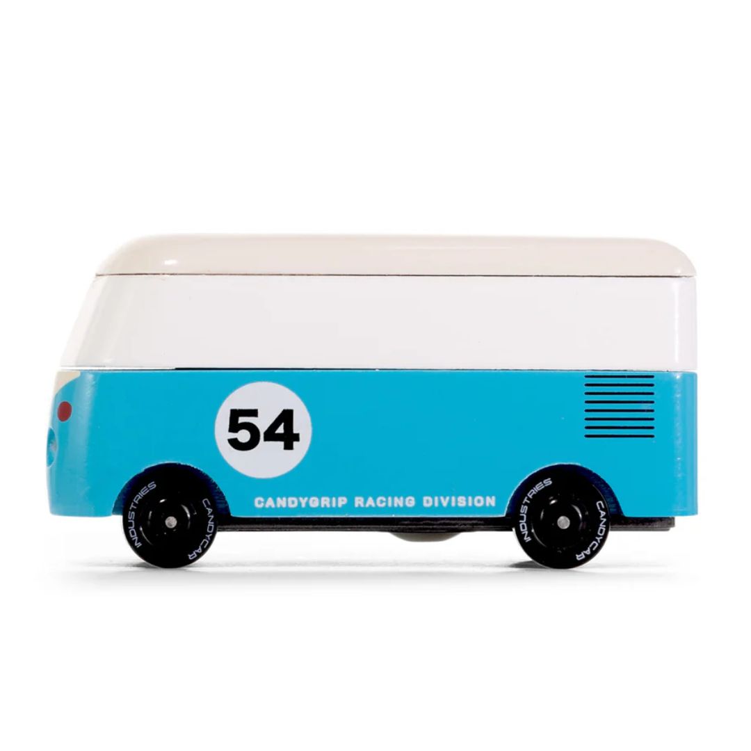 Toy van with blue and white design on a white background